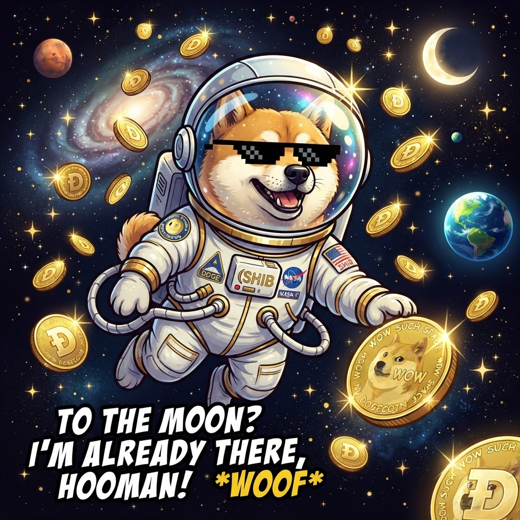 DOGEMOON astronaut Shiba floating with coins