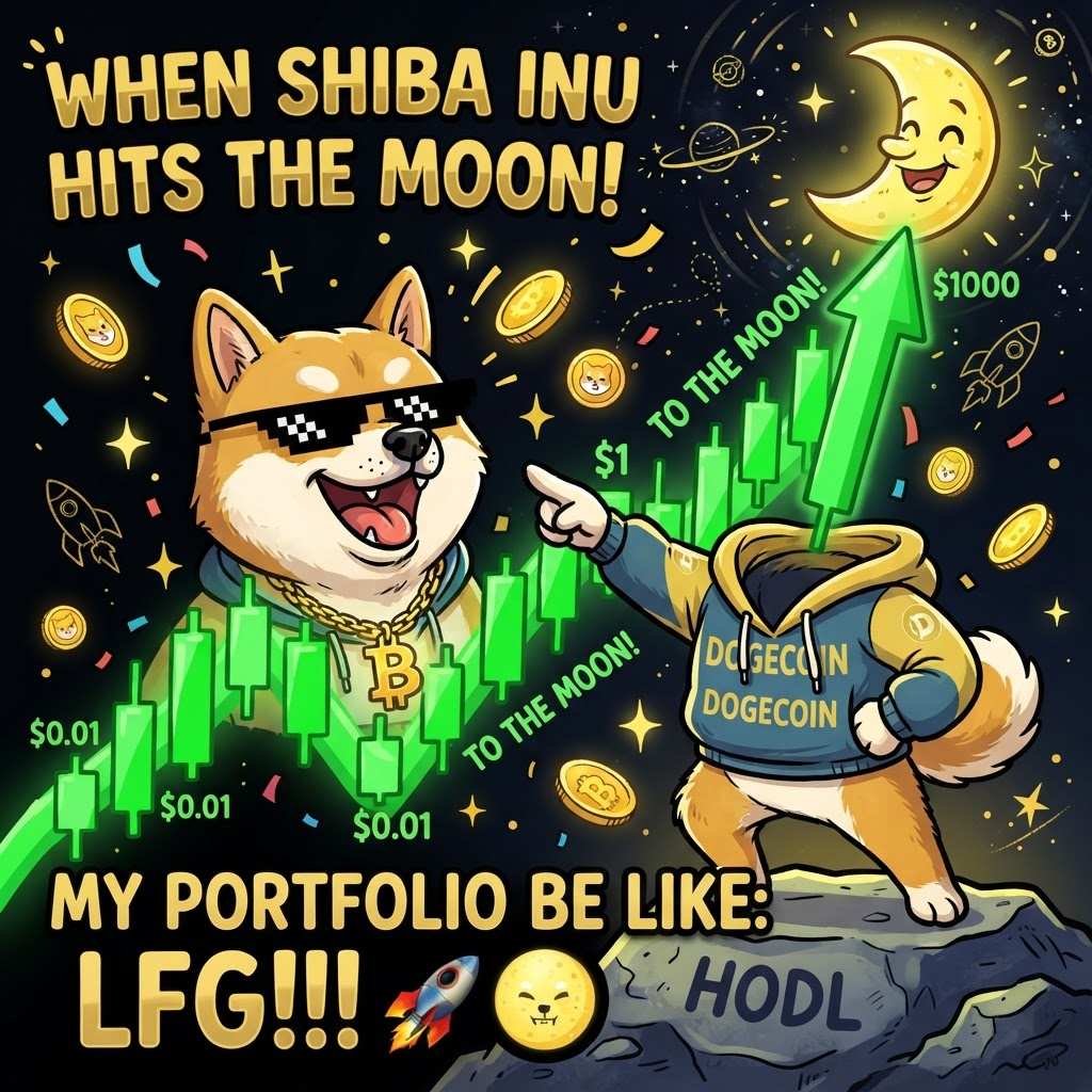 DOGEMOON Shiba pointing at a green chart