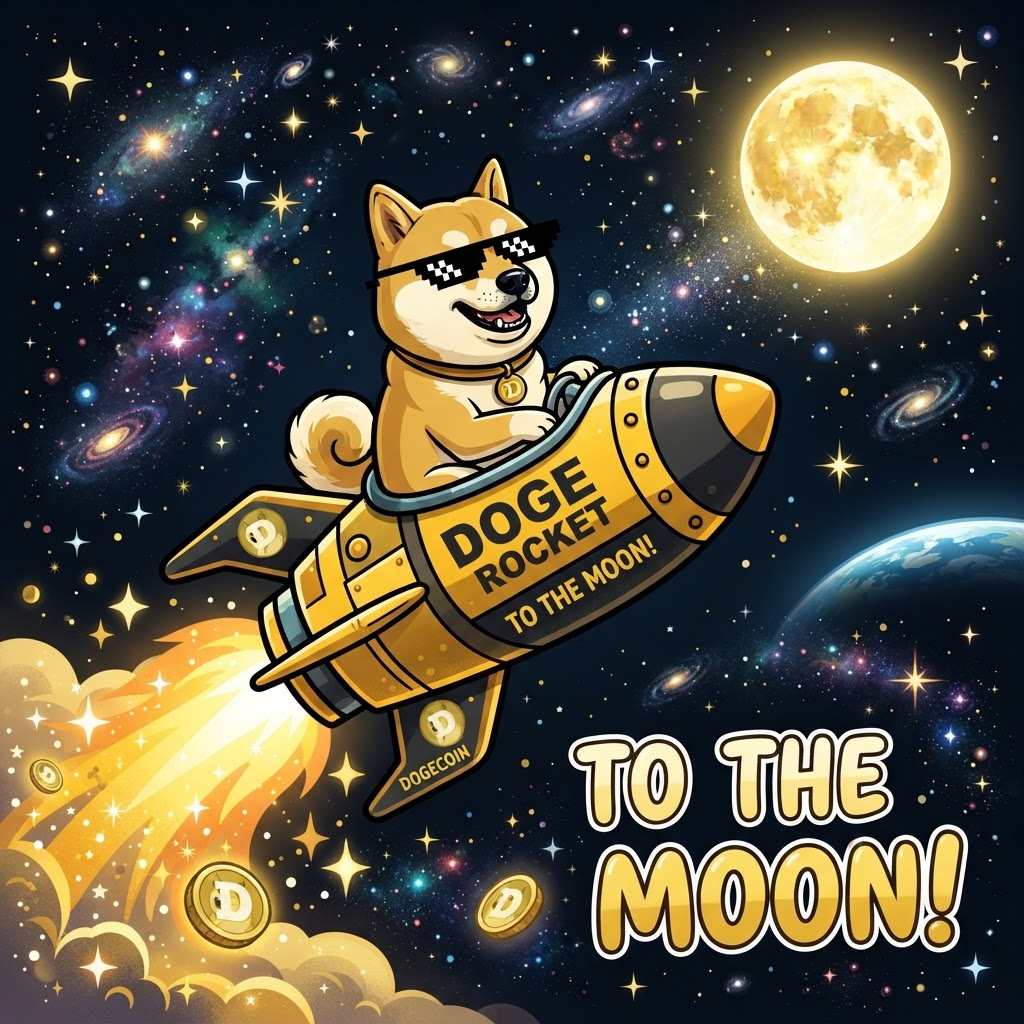 DOGEMOON Shiba riding a rocket to the moon